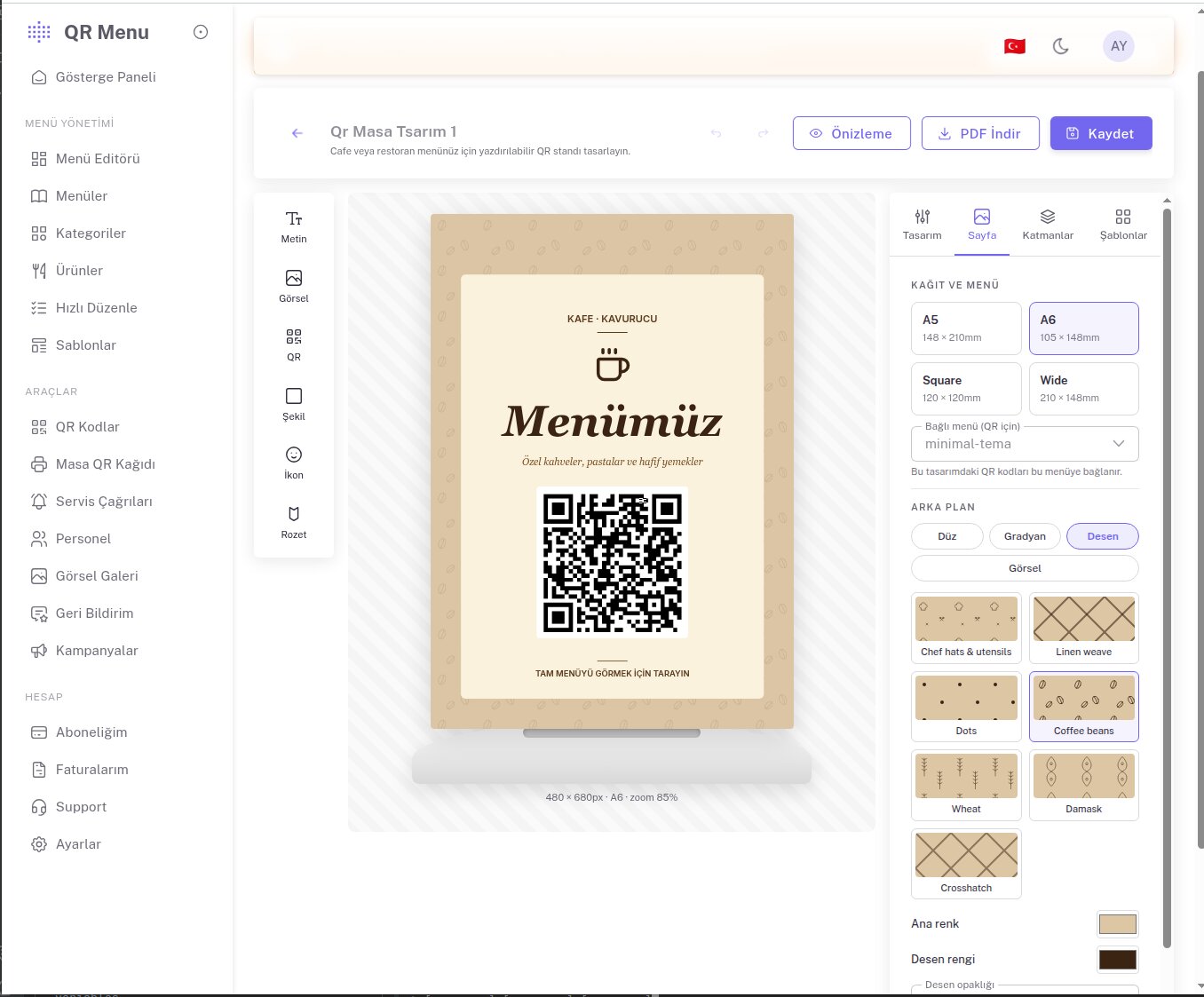Masa QR Kağıdı Tasarımcısı — yazdırılabilir QR standı tasarlama ekranı
