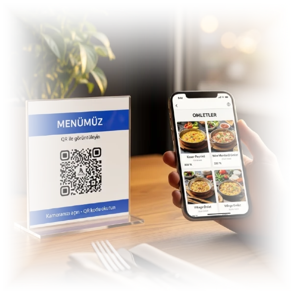 Restaurant table with a QR menu stand and a guest scanning to open the digital menu on their phone